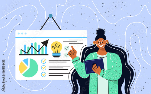 Illustration of a girl giving a lecture on a light blue background.