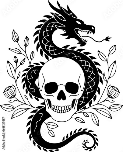 Dragon and Skull Tattoo Design Vector