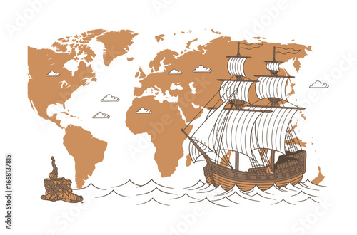 Vintage World Map with Sailing Ship, Evoking Exploration