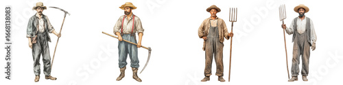 Four vintage agricultural workers holding tools on transparent background