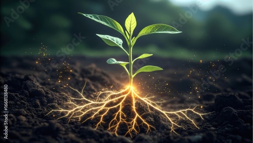 Young plant with glowing roots growing in fertile soil
