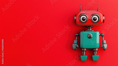 Expressive Animatronic Robot Concept. Colorful Retro Robot Toy on Bright Red Background with Big Eyes and Playful Design