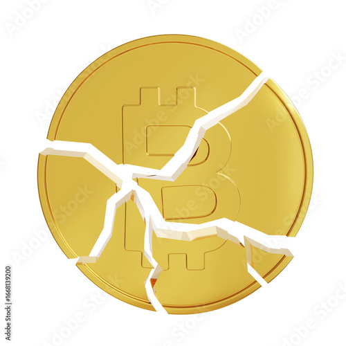 Broken Bitcoin isolated on white background. Cryptocurrency crash concept. 3d illustration.