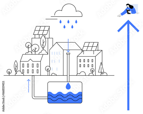 Rainwater falling on buildings with solar panels is collected in underground storage tanks for reuse. Ideal for sustainability, renewable energy, urban planning, water conservation, eco-living, green