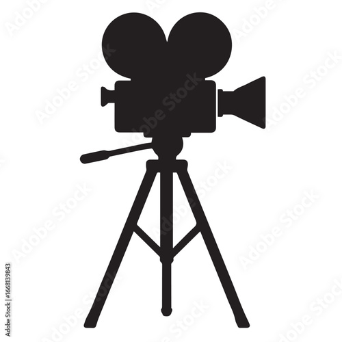 Vintage movie camera silhouette on tripod stand, classic retro film equipment icon design vector.