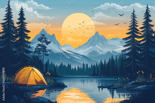 Sunny day camping illustration in flat style
