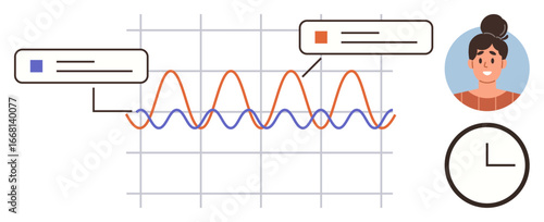 Graph lines with speech bubbles, profile avatar, and clock. Ideal for teamwork, data analysis, planning, time management, communication collaboration progress tracking. Simple flat metaphor
