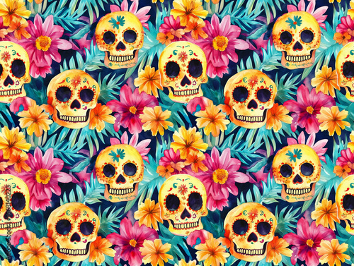 Wallpaper Mural A vibrant watercolor pattern of decorated skeletons and sugar skulls wearing sombreros and surrounded by bright tropical floral designs Torontodigital.ca