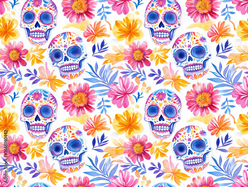 Wallpaper Mural A bright and joyful watercolor pattern featuring colorful sugar skulls surrounded by vibrant flowers Torontodigital.ca