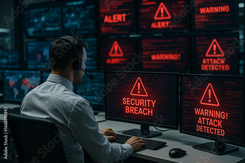 Security analyst monitoring cyber breach alerts