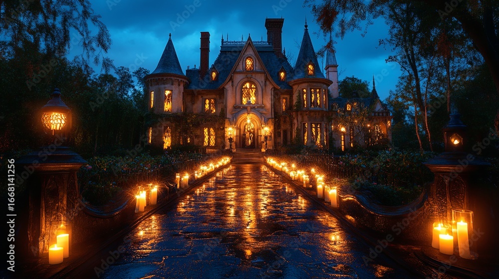 Naklejka premium A haunted mansion with a flickering candlelit pathway leading to the entrance .