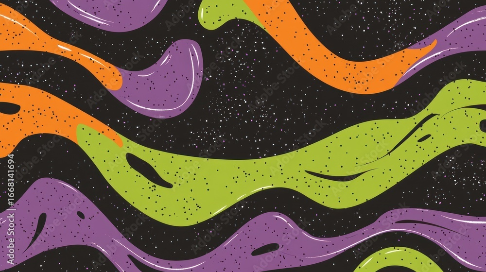 Obraz premium Whimsical vector pattern featuring colorful, flowing shapes against a starry backdrop