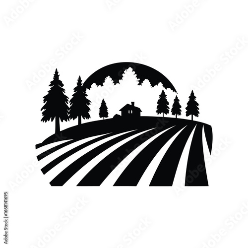 Silhouette of a scenic farm landscape with house and coniferous trees, farm field with crops illustration silhouette