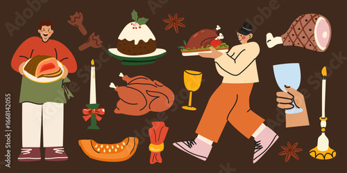 Happy Thanksgiving elements set in retro groovy cartoon style. Traditional roast turkey, cake, spices, candles, characters. Happy family autumn holiday. Harvest season stickers collection