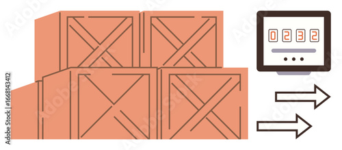 Stacked wooden crates beside a digital counter with directional arrows, representing inventory control, logistics, and supply chain processes. Ideal for efficiency, storage, transportation