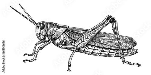 Detailed black and white line art illustration of a grasshopper on a white background insect entomology