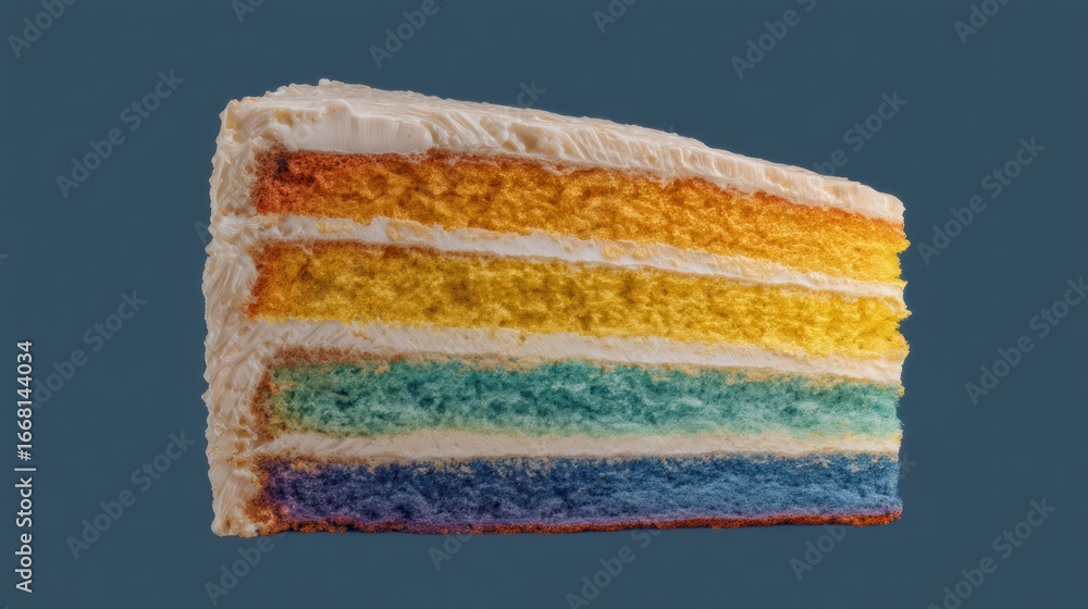 Fototapeta premium Colorful layered cake slice with smooth white frosting and textured layers
