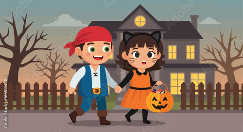 Joyful kids in Halloween costumes trick-or-treating at dusk, holding hands with candy.