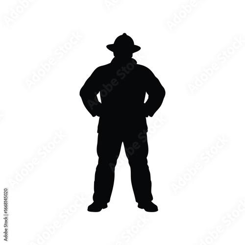 Silhouette of a confident firefighter standing with hands on his hips, firefighter in full gear standing heroically flat illustration silhouette