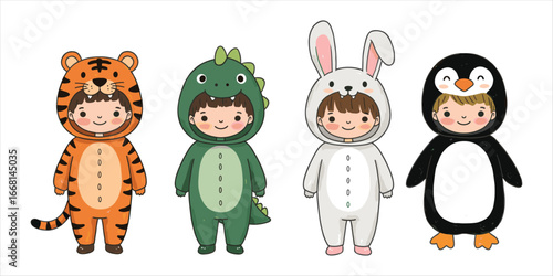 Картината върху платно Four Children in Cute Animal Costumes Tiger Dinosaur Rabbit Penguin kids boys
