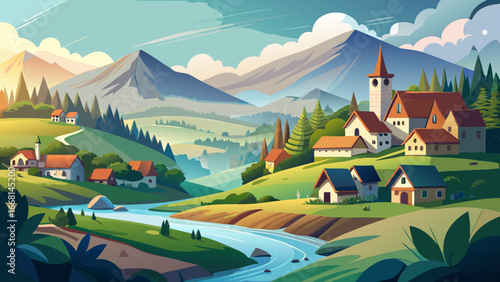 Landscape in the Foothill Village of Moravka
Nestled within gentle foothills, Moravka glimmers in soft light, cottages dot green meadows, mist dances above streams, timeless charm breathes quietly in 