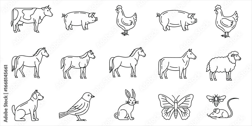 Fototapeta Line art icons of farm animals and pets on white background illustration