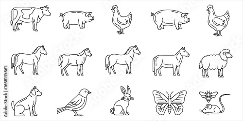 Line art icons of farm animals and pets on white background illustration