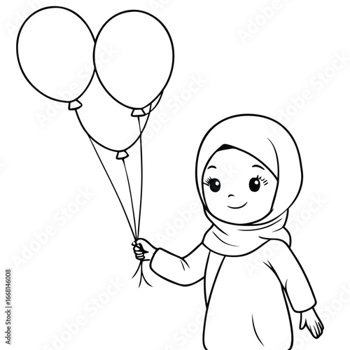 A cheerful child in a hijab holding three colorful balloons, smiling in a festive outdoor setting