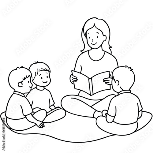 A woman reading a storybook to three children sitting on a mat, engaging in a learning activity indoors