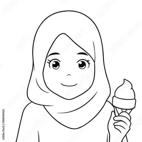 Young girl in a hijab joyfully holding an ice cream cone, with a simple background