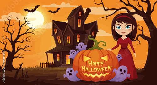 Spooky Halloween scene with a girl, haunted house, jack-o-lantern, and playful ghosts on a moonlit night