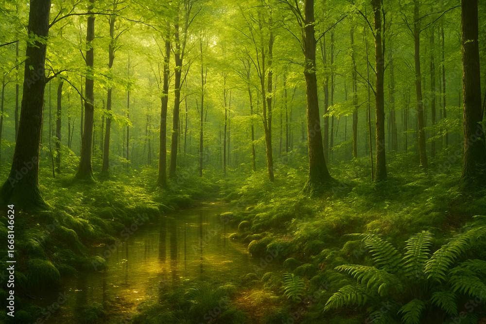Obraz premium Lush Green Forest Stream Tranquil Environment Nature Scenery Illustration