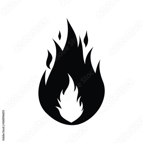 Abstract monochromatic fire illustration on white background with simple flame shape, flame with spark icon illustration silhouette