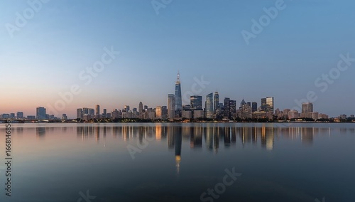 Modern City Skyline at Sunset Over Water