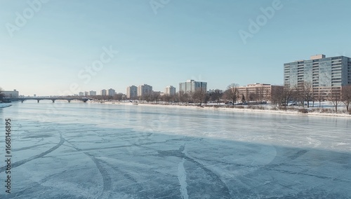 Frozen Lake with City Skyline in Winter