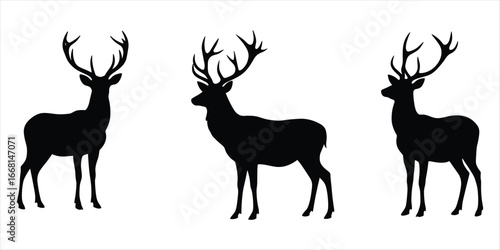 Three Black Silhouette Deer With Antlers Standing On White Background stag animal