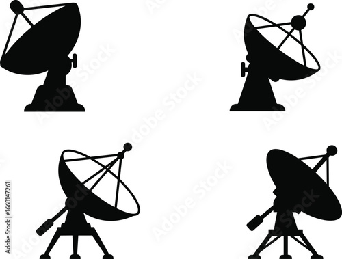 Satellite dish icons set, black silhouette communication antennas, radar dish symbols, telecommunication equipment, isolated vector illustration, broadcasting technology