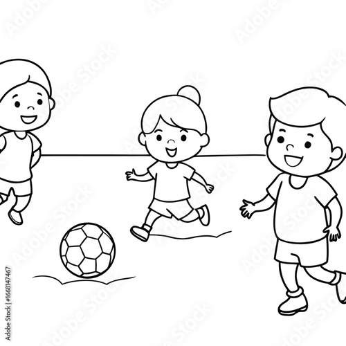 Children joyfully playing soccer on a sunny day in a park, with trees and a playground in the background