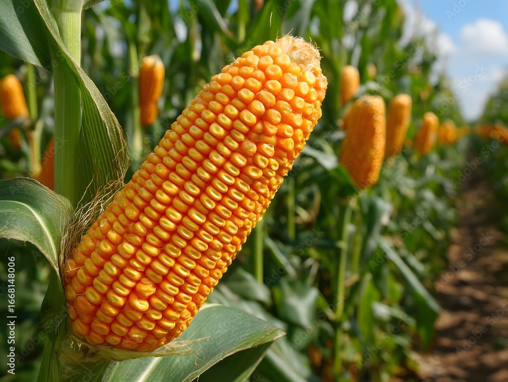Obraz premium Ripe corn on the stalk displays vibrant yellow kernels ready for harvesting in a sunny agricultural field.