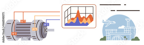 Industrial motor with labeled wiring connected to a data graph representing performance metrics next to an airport terminal and airplane. Ideal for engineering, data analysis, aviation, automation