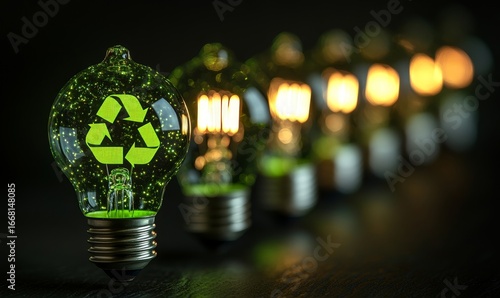 series of glowing light bulbs with a bright recycle symbol imprinted on them, representing eco-friendly energy solutions and sustainable electricity consumption. This image symbolizes, Generative AI