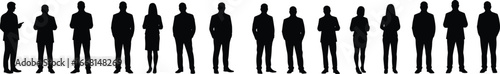 Silhouette of business people standing in a row, teamwork, leadership, corporate professionals, diverse workforce concept on white background
