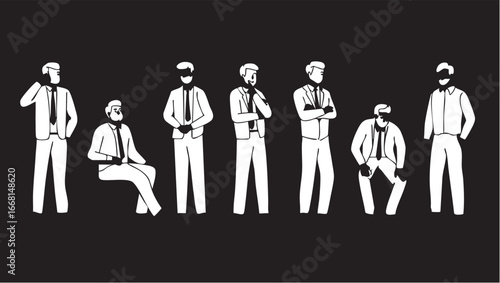 Vector illustration: group of businessmen in suits - black and white corporate figures eps silhouette