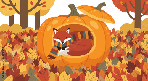 Cozy fox nestled inside a pumpkin, surrounded by vibrant autumn leaves and trees