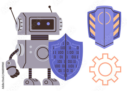 Robot holding binary shield, security shield, and gear symbolizing cybersecurity, technology, coding, data protection, artificial intelligence, system security innovation. Ideal for tech metaphors
