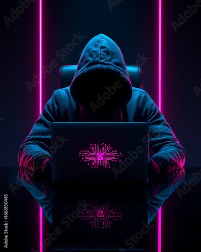 Mysterious hacker working on laptop with neon lights, cyber security concept