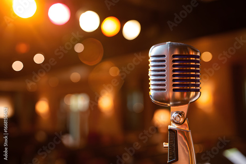 Vintage Microphone on Stage: Warm, Atmospheric Lighting, Retro Music Performance
