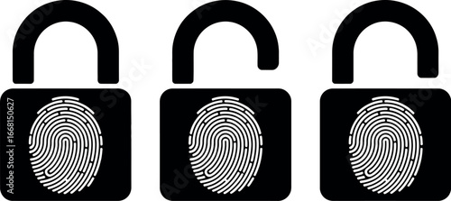 Three biometric locks with fingerprint scans, one unlocked for access