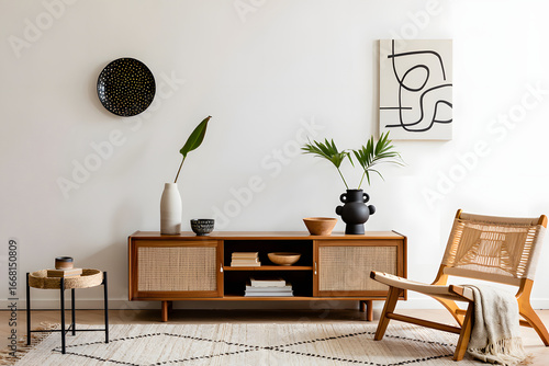 Mid-century modern living room interior:  stylish cane chair, wooden media console, and abstract art.