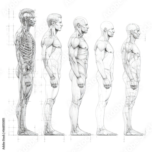 Detailed anatomical study of the human male body in profile view, showcasing skeleton, muscles, and bone structure, isolated on transparent background